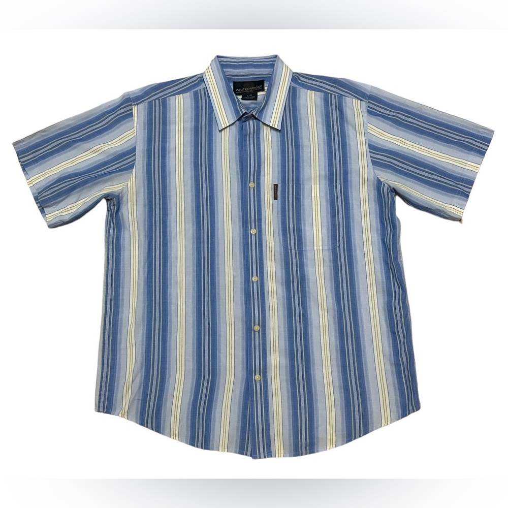 Vintage Weatherproof Men’s Blue Yellow Brown Striped Button Up Shirt Size L/G